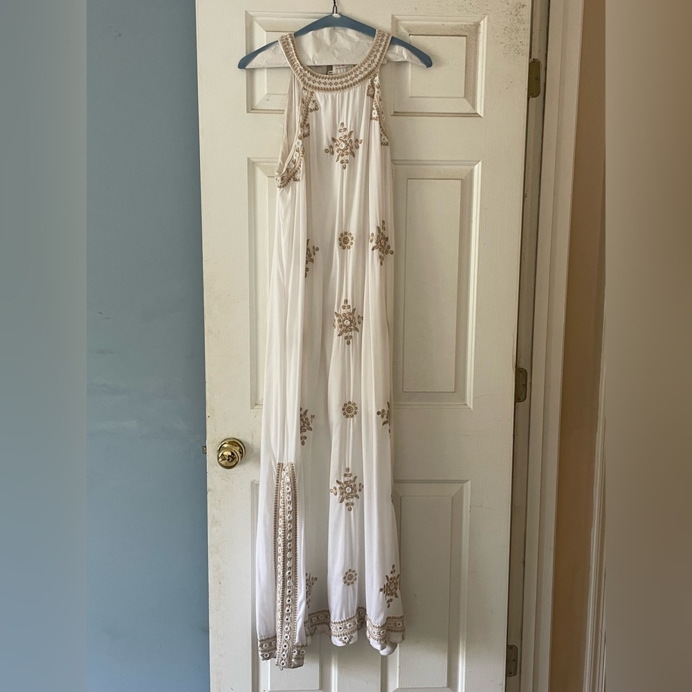 Lula Soul White Maxi Dress with Gold Embroidery